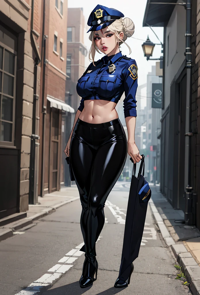(Full body shot:1.5) 1 Same Girl , Perfect Beautiful , mature Face , ((korean woman)), Korean 18 Years Old , ((large hair bun:1.4)) , ((police officer outfit)), ((police cap:1.5)),Athletic Body , ((large breasts:1.5)) Extreme Detailed Portrait With Bokeh Effect , Realistic Lighting ,(latex pants)Night Street View , Dark Vibe , (petite body:1.7) streets , Gothic Makeup , Posing Like a Model , Look at Viewer, ((puffy lips:1.3)), cool lighting, blue street lamp light((sunset ambiance light:0.8)),