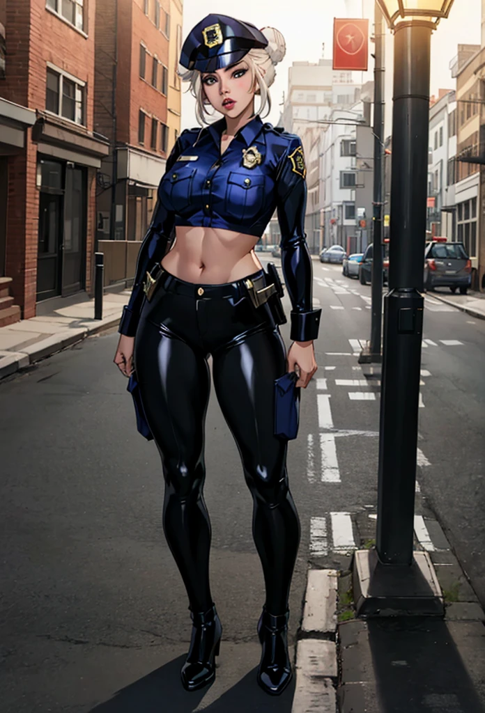 (Full body shot:1.5) 1 Same Girl , Perfect Beautiful , mature Face , ((korean woman)), Korean 18 Years Old , ((large hair bun:1.4)) , ((police officer outfit)), ((police cap:1.5)),Athletic Body , ((large breasts:1.5)) Extreme Detailed Portrait With Bokeh Effect , Realistic Lighting ,(latex pants)Night Street View , Dark Vibe , (petite body:1.7) streets , Gothic Makeup  , Posing Like a Model , Look at Viewer, ((puffy lips:1.3)), cool lighting, blue street lamp light((sunset ambiance light:0.8)), 