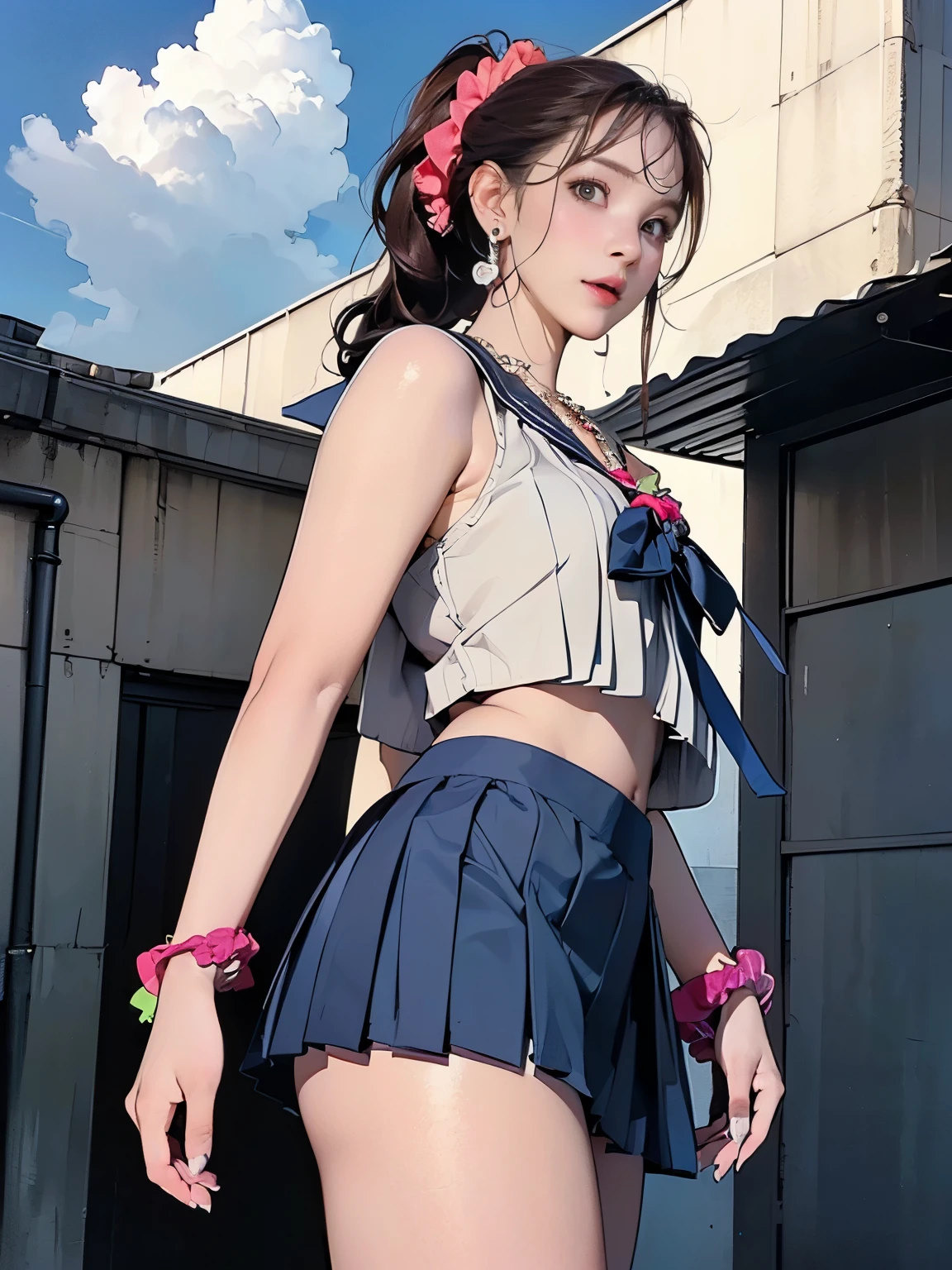 ((((Highest quality))))、(((Ultra-precision CG16K wallpaper)))、(((masterpiece)))、(((Super detailed)))、(((Extreme detail)))、((1Mature 29 year old woman:1.6))、((Very beautiful Japan face of a person))、((Urizane Face:1.8))、((Soft wavy ponytail medium hair:1.6))、(Shiny Hair)、A delicately drawn beautiful face、(Dark Eyes、Reflected light from the eye)、double eyelid、High nose、Small nostrils、Small Mouth、Seductive lips、Beautiful breasts、((C cup size breasts))、Cleavage、Small vertical belly button、Delicate nails、Beautiful feet、Thin thighs、eight-headed body、Perfect proportions、Perfect Anatomy、Perfect composition、Beautiful detailed shading、Beautiful, natural lighting、Beautiful detail glow、Depth of written boundary、(((High chroma)))、(((Real:1.9)))、((vivid:1.5))、((Beautiful Skin))、((Skin Texture))、((Realな皮膚感))、(((Cowboy Shot:1.6)))、(((front view、shoot from front、front low angle:1.6)))、(((Half-open mouth、Surprised face:1.4)))、(((looking at camera:1.6)))、Bright daylight、Natural light、(((background_Uninhabited downtown、Sky and Clouds:1.5)))、(Gravure idol standing pose:1.6)、(((High school girl sailor suit&Navy blue low rise pleated mini skirt:1.6)))、((Scrunchie Ribbon、necklace、Wearing earrings:1.5))、