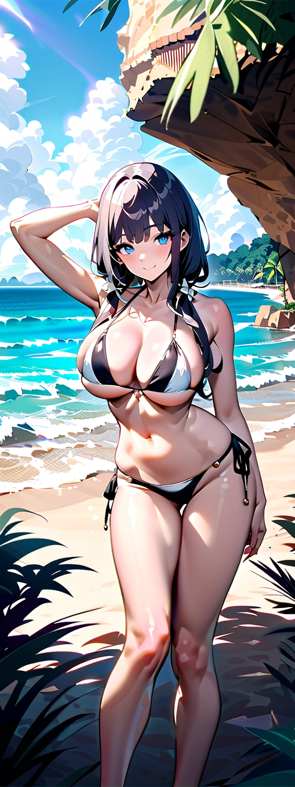 ((Highest quality、、masterpiece:1.3)), Upper Body、Long legs、Sharp focus:1.2, Beautiful woman with perfect figure:1.4、((Big Breasts:1.2)), (Smiling:1.2), double eyelid、30-year-old female、Sexy pose、((((bikini、Beach))))、Blue Eyes,(((Close your mouth、Standing posture)))、One Woman、