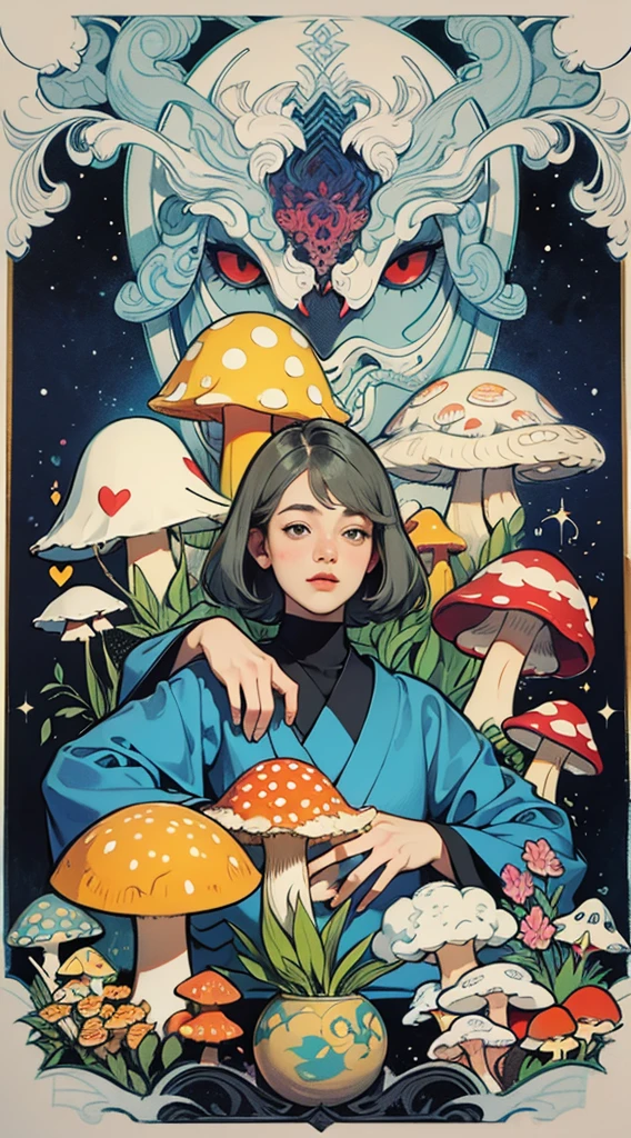 Yokai 1960’s jugendstil psychedelic marblng pattern fantasy artwork by Gray Morrow and darren grealish (mushrooms, botanics)
