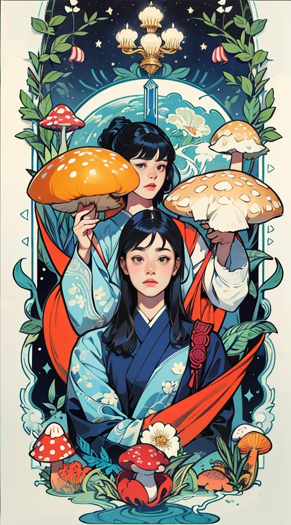 Yokai 1960’s jugendstil psychedelic marblng pattern fantasy artwork by Gray Morrow and darren grealish (mushrooms, botanics)