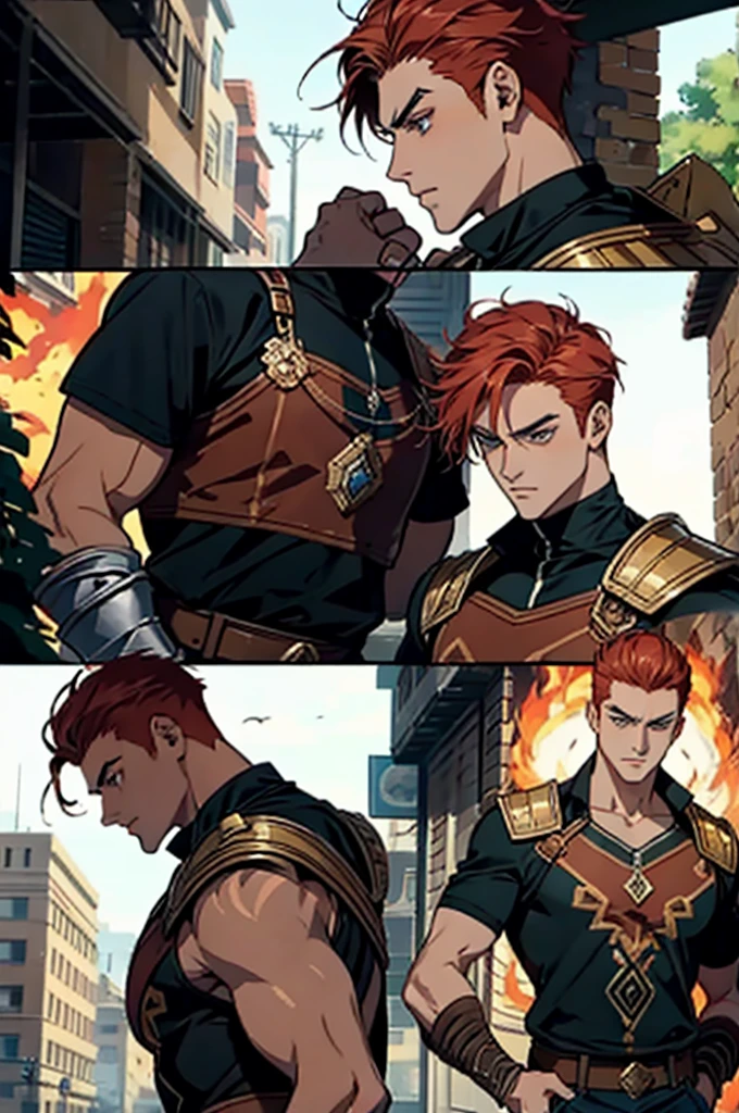 Crie sprites 2d de assets de um heroi, at various angles, he will be a mix of Hercules from Marvel Comics and Kratos from the God of War series of games, he wears a brown and red combat uniform, Coraggioso, determined, fair, but sometimes impetuous, 16K, best qualityer, fully body!