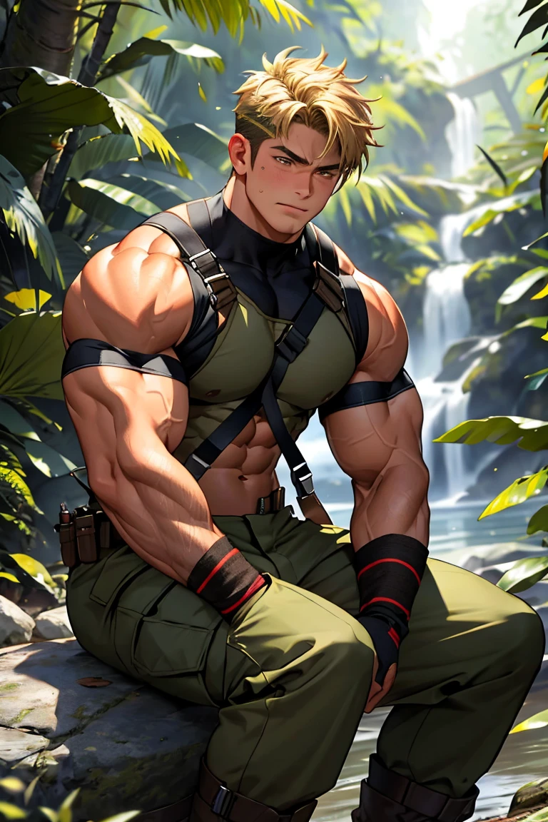 (masterpiece, Best quality 12 year old boy), 1 boy, adult, huge muscles, big body, Slightly modify the abdominal contour, Short blonde hair,brown eyes, complicated, Rainforest, Muscles sparkle in the sun,shirtless,Wearing khaki adventure pants,outdoor adventure boots,pained expression,bite lip, bright colors,(depth of field:1.2),looking at the audience, sit on stone, huge hyper muscle, huge chest, bulge, wearing body harness