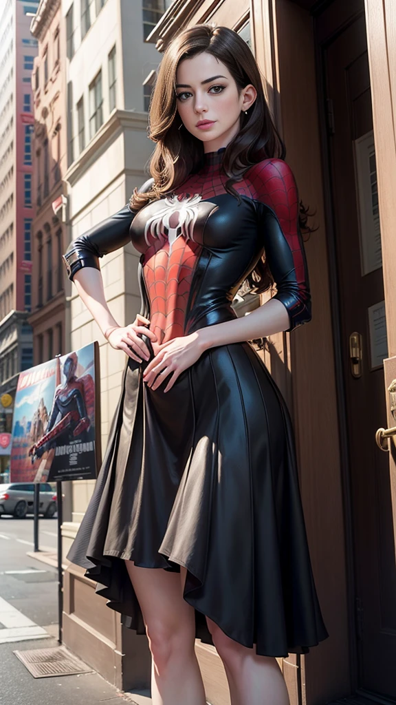 Anne Hathaway、マーベルコミックの映画Poster、so beautiful、Movies about Spider-Man、sexy、whole body、Wearing a skirt、Premiere Date、Poster、belly buttonを突き出す、new york、She&#39;s wearing a ripped Spiderman suit、The suit is torn、Wearing a skirt、Red and black color scheme、dynamic、masterpiece、Highest quality、Super detailed、Very detailed、Delicate and beautiful shine、Ultra-high resolution、Cinematic、break、breakドロップ、(Torn clothes:1.5)、(Wet clothes:1.4)、Bare shoulders、Real Rain、Wet Hair、belly button、Exposed Skin、sexyな肩を披露