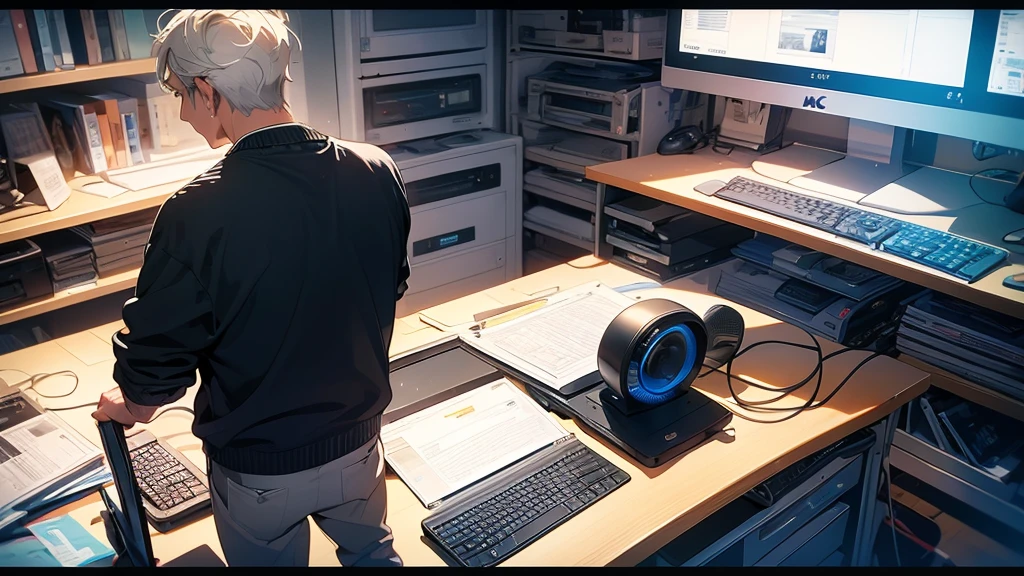 Mac computer graphic design 27 inch monitor graphic designer mouse Stylish A man in his 50s working on a computer back desk work back of head I won't show my face