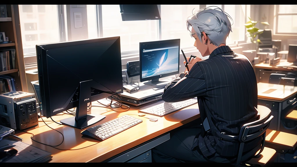 Mac computer graphic design 27 inch monitor graphic designer mouse Stylish A man in his 50s working on a computer back desk work back of head I won't show my face