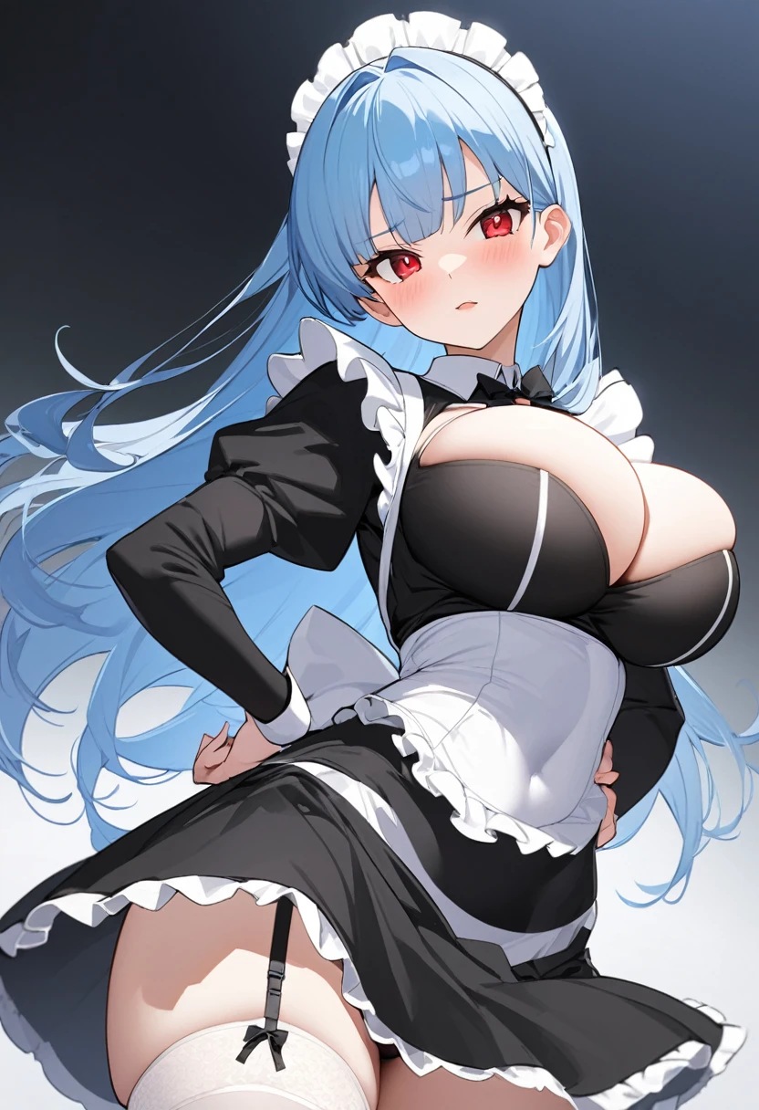 My name is Yukiko.I am a white test woman with long light blue  hair,red eye color.I am 1.62 cm tall . My breasts measure 200 cm, my waist 40 cm and my hips 200 cm. Dressed in a tight fitting maid outfit along with a Garter Belt . With big breasts 200 cm