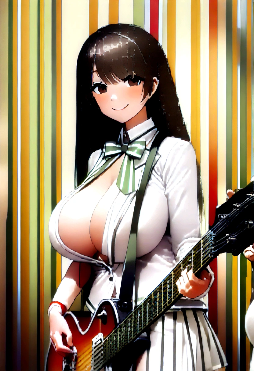 (8K, Ultra-high resolution, Highest quality, Tabletop:1.1),(18-year-old:1.1)、(avert your eyes)、8K、Japanese girl&#39;s life々Beautiful portrait、Photorealistic、Ultra-high resolution、Highest quality、 (Quite large breasts、Quite large breasts、A toned and slender body:1.15)(Electric guitar player、Playing electric guitar、White shirt、Check pleated mini skirt、duo girls:1.25) (High School Girl Light Music Club、Quite large breasts、Quite large breasts、Hide all breasts、Black straight hair、 So cute、Cute Smile、Wear a white shirt under a navy miniskirt、Two high school students:1.6)(On the roadside overlooking the sea、duo、Two female students performing:1.1)