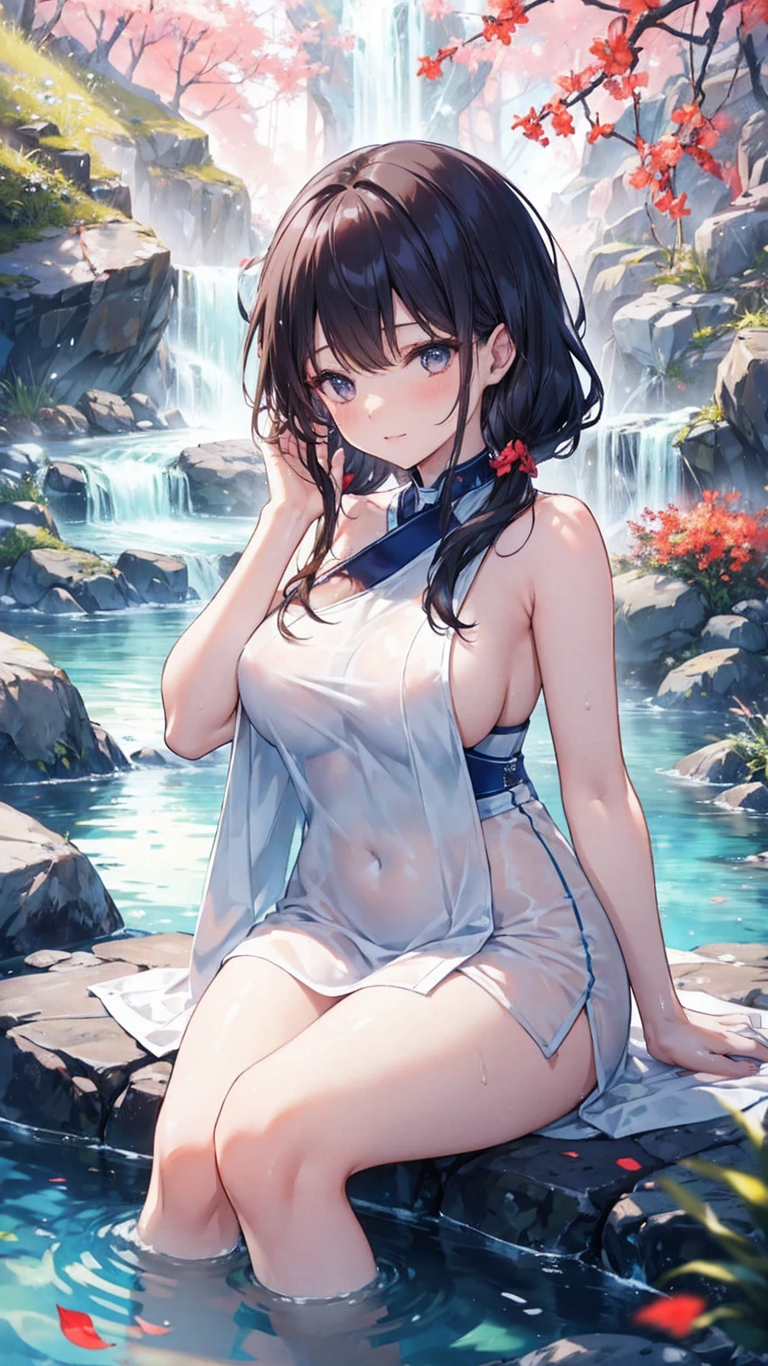 ((NSFW,Nude,female ,masturbation,dress)),beautiful, masterpiece, Highest quality, Hello, And soul, One Girl, Medium Chest, Portrait Shot, Look at the viewers, Outdoor swimming pool, Wet skin, Intricate details,>,((Covered),Leg spread,masturbation,Embarrassed face,Black Hair,Sweat