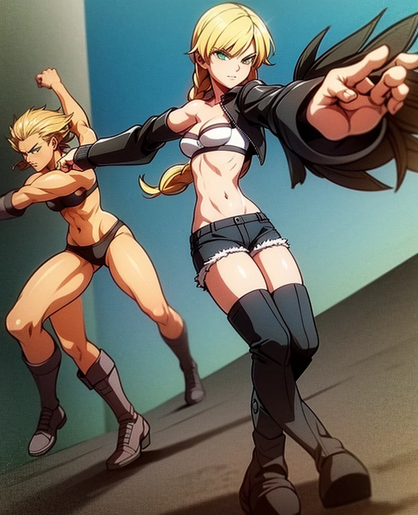 Sexy young girl with a good body, long hair blonde with green eyes, black leather jacket with white bra, ripped blue jeans, short brown boots with white, standing, spiky hair, bristly hair, standing, fighting pose, on guard, defense pose