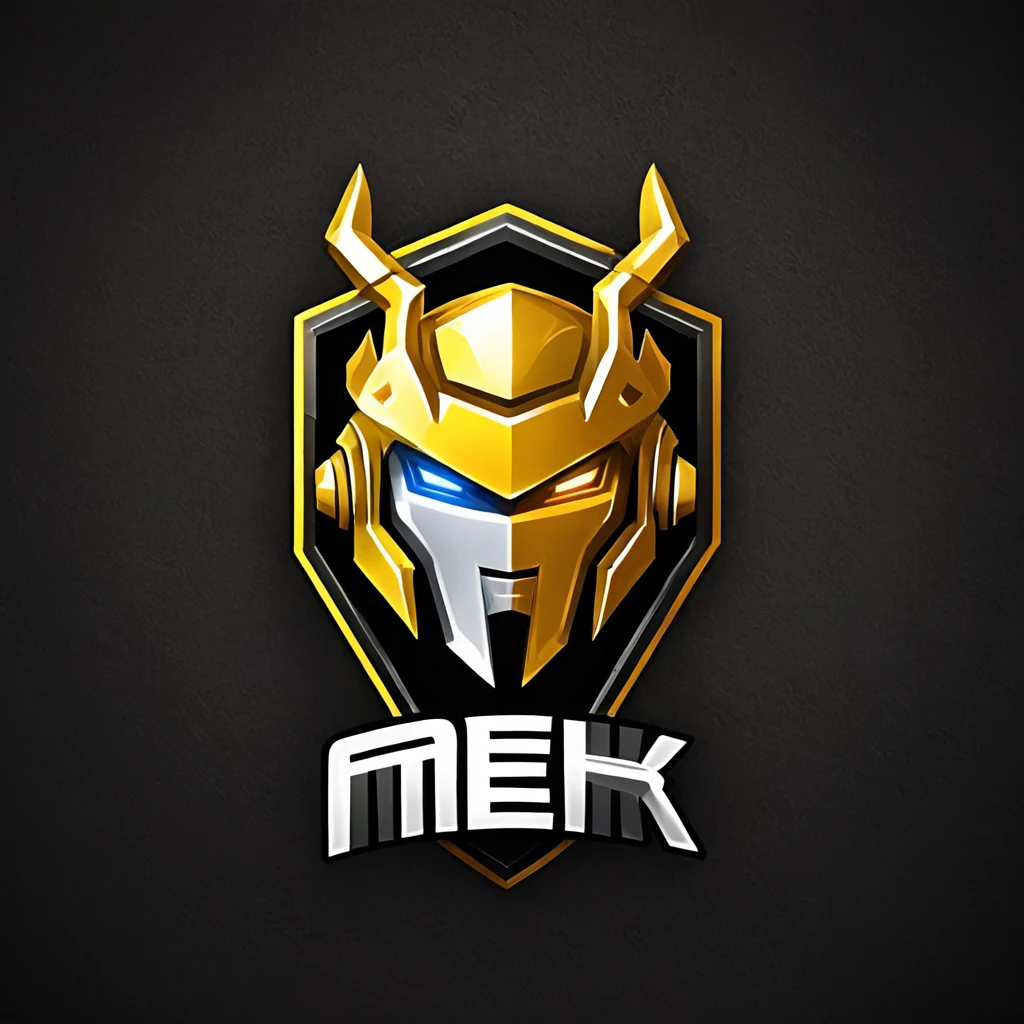 logomkrdsxl,an  edgy logo  3D with robô dourado e prata,  vector, text "MEK",  best quality, masterpiece, brand, dark background, 