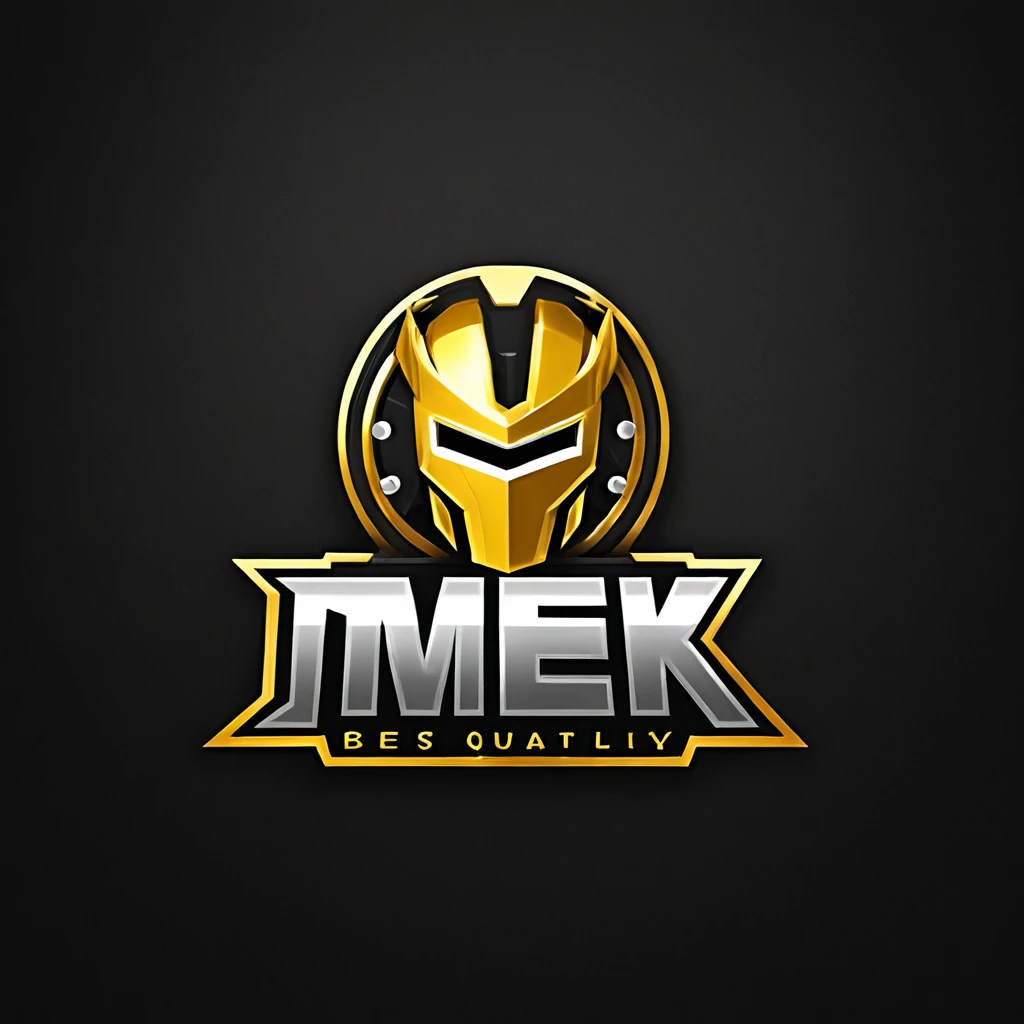 logomkrdsxl,an  edgy logo  3D with robô dourado e prata,  vector, text "MEK",  best quality, masterpiece, brand, dark background, 