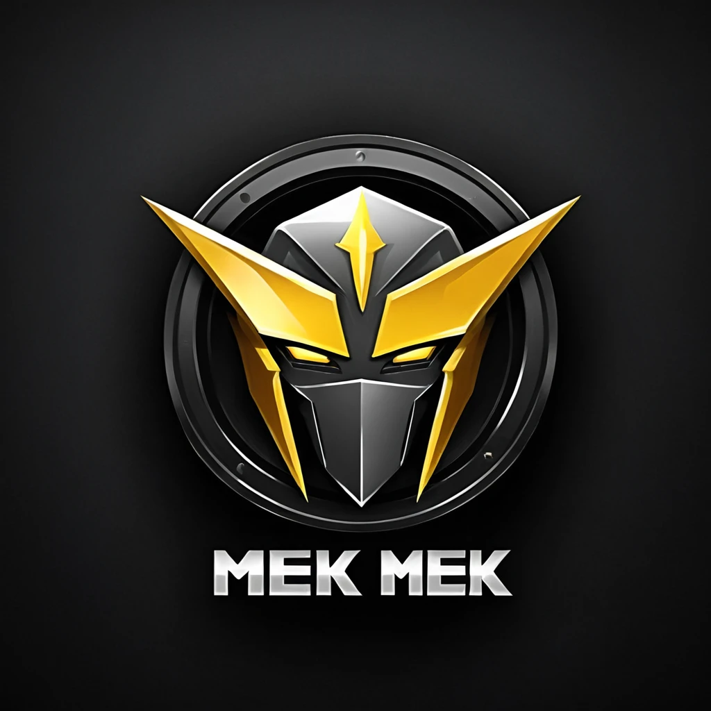 logomkrdsxl,an  edgy logo  3D with robô dourado e prata,  vector, text "MEK",  best quality, masterpiece, brand, dark background, 