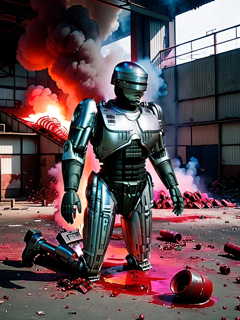 Abandoned Factory、Robocop destroyed and dismembered、Vomiting blood from the mouth、Sparks and smoke coming from dismembered body parts