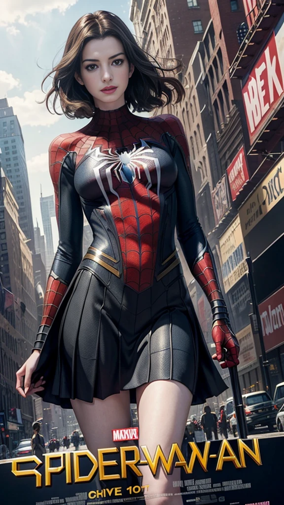 Anne Hathaway、マーベルコミックの映画Poster、so beautiful、Movies about Spider-Man、sexy、whole body、Wearing a skirt、Premiere Date、Poster、belly buttonを突き出す、new york、She's wearing a ripped Spiderman suit、The suit is torn、Wearing a skirt、Red and black color scheme、dynamic、masterpiece、Highest quality、Super detailed、Very detailed、Delicate and beautiful shine、Ultra-high resolution、Cinematic、break、breakドロップ、(Torn clothes:1.5)、(Wet clothes:1.4)、Bare shoulders、Real Rain、Wet Hair、belly button、Exposed Skin、sexyな肩を披露