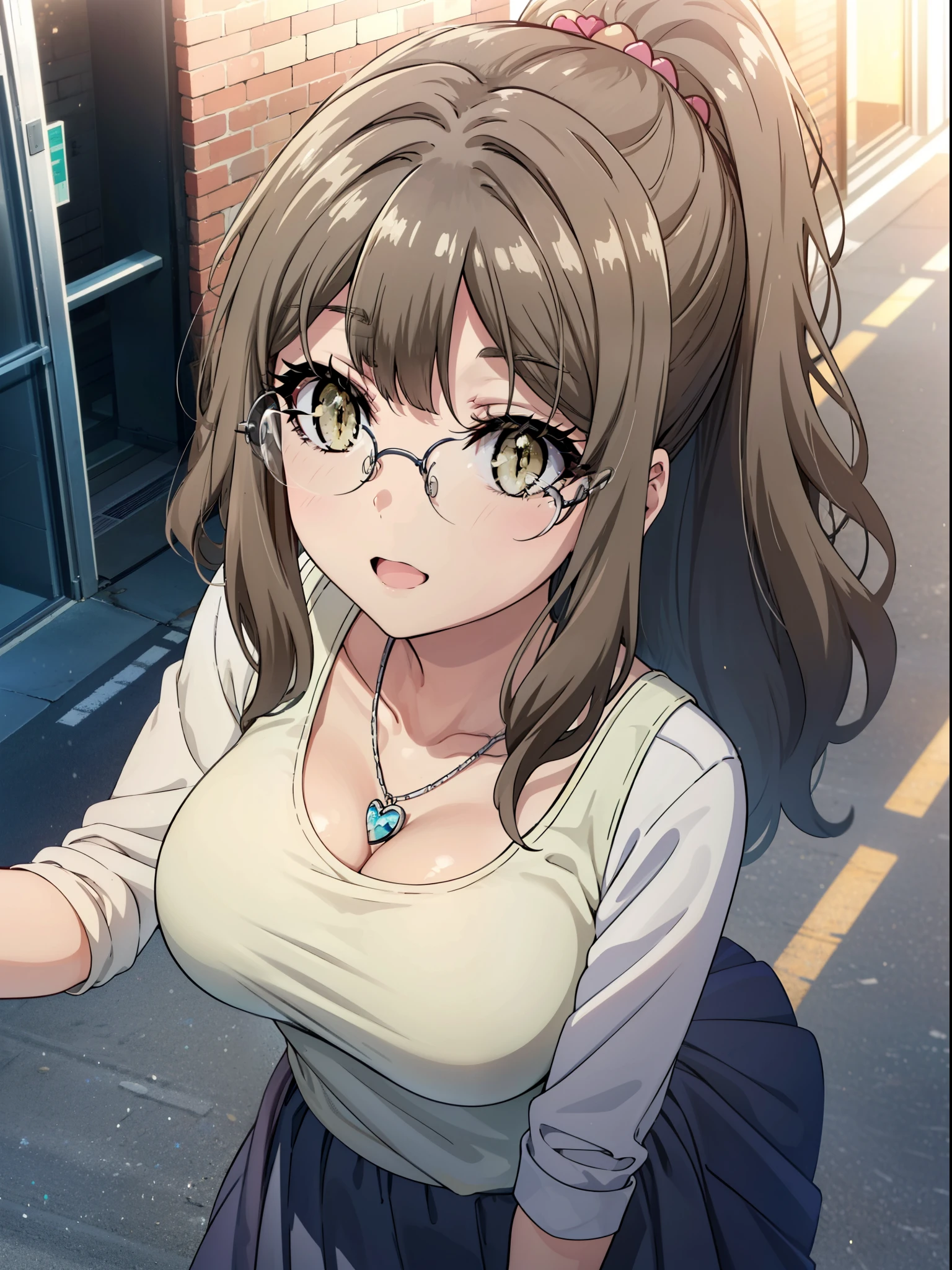 Riofutaba, Rio Futaba, Long Hair, Brown Hair, (Brown eyes:1.5), Glasses,Big Breasts,smile,Open your mouth,Red Tank Top,Heart Necklace,Long skirt,Stiletto heels,Business Back,Walking,morning,morning陽,The sun is rising,whole bodyがイラストに入るように,
break outdoors, Building district,
break looking at viewer, whole body,
break (masterpiece:1.2), Highest quality, High resolution, unity 8k wallpaper, (figure:0.8), (Beautiful attention to detail:1.6), Highly detailed face, Perfect lighting, Highly detailed CG, (Perfect hands, Perfect Anatomy),