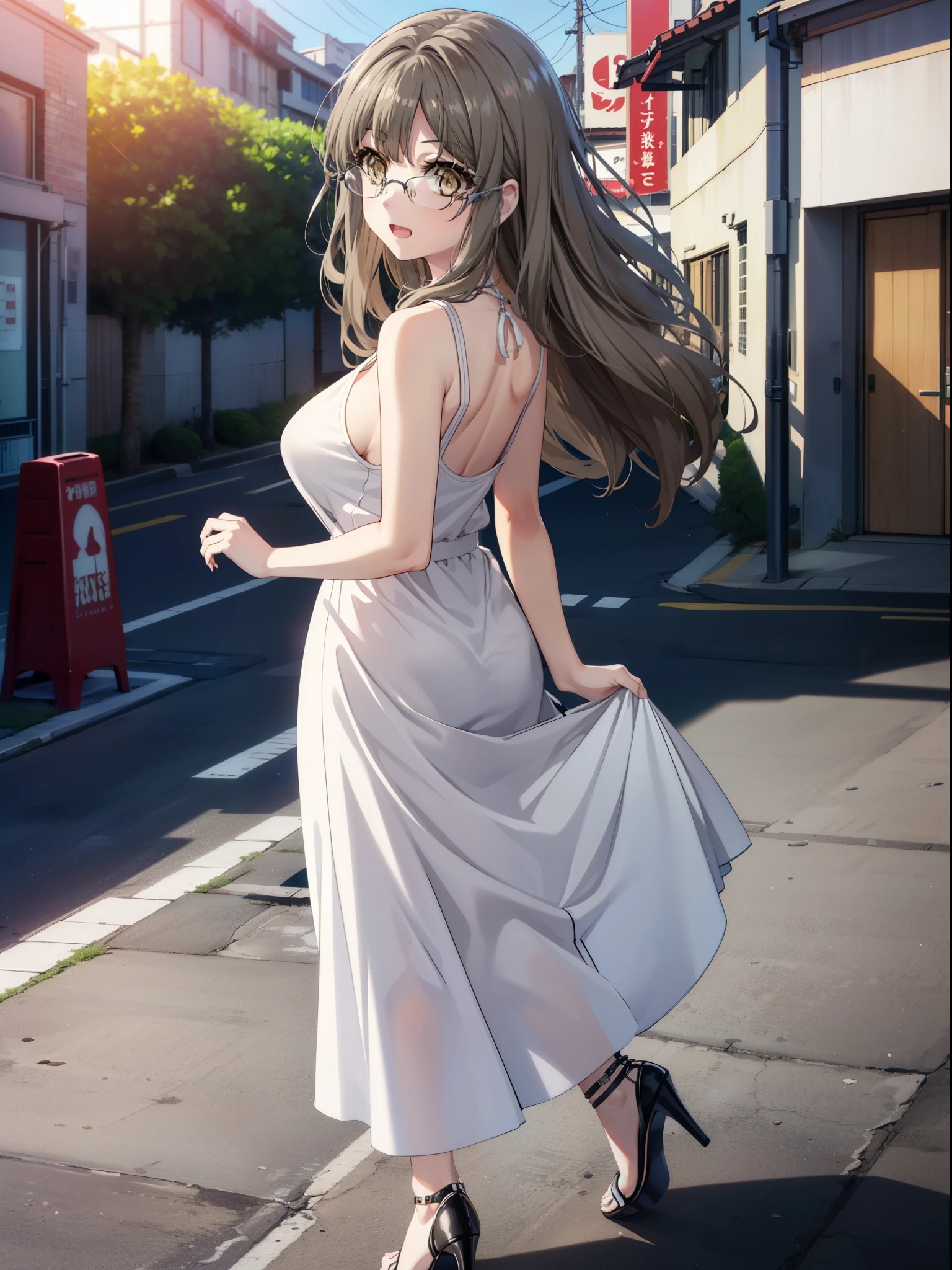 Riofutaba, Rio Futaba, Long Hair, Brown Hair, (Brown eyes:1.5), Glasses,Big Breasts,smile,Open your mouth,Red Tank Top,Heart Necklace,Long skirt,Stiletto heels,Business Back,Walking,morning,morning陽,The sun is rising,whole bodyがイラストに入るように,
break outdoors, Building district,
break looking at viewer, whole body,
break (masterpiece:1.2), Highest quality, High resolution, unity 8k wallpaper, (figure:0.8), (Beautiful attention to detail:1.6), Highly detailed face, Perfect lighting, Highly detailed CG, (Perfect hands, Perfect Anatomy),