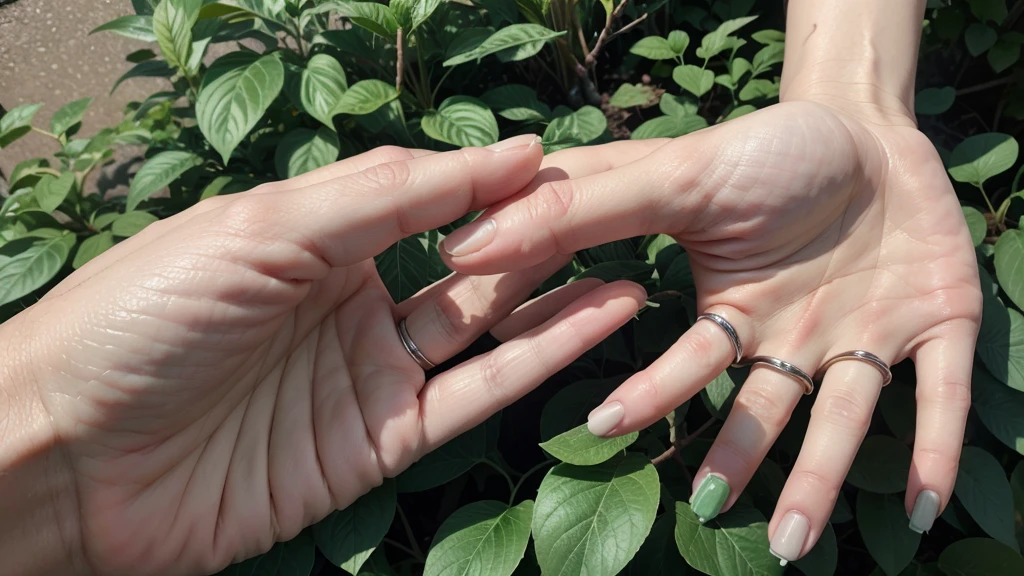 "Create an image where the skin of human hands are formed by plants. Hands should look as if they were made of twigs and leaves, with fingers that look like tree branches and small leaves sprouting from the fingertips. The palm should look like the texture of tree bark or dense leaves. Whole hands should look like a harmonious fusion of plant elements, without the appearance of human skin. The image should give the feeling that the hands are a living part of a plant."