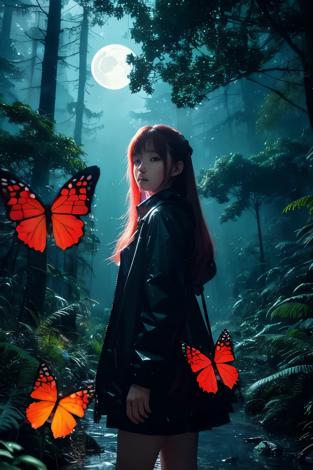 in the deep forest, Pouring rain, big moon，deep darkness，Beautiful clouds，one red butterfly，gap in space and time，cyberpunk style,one girl（so cute）