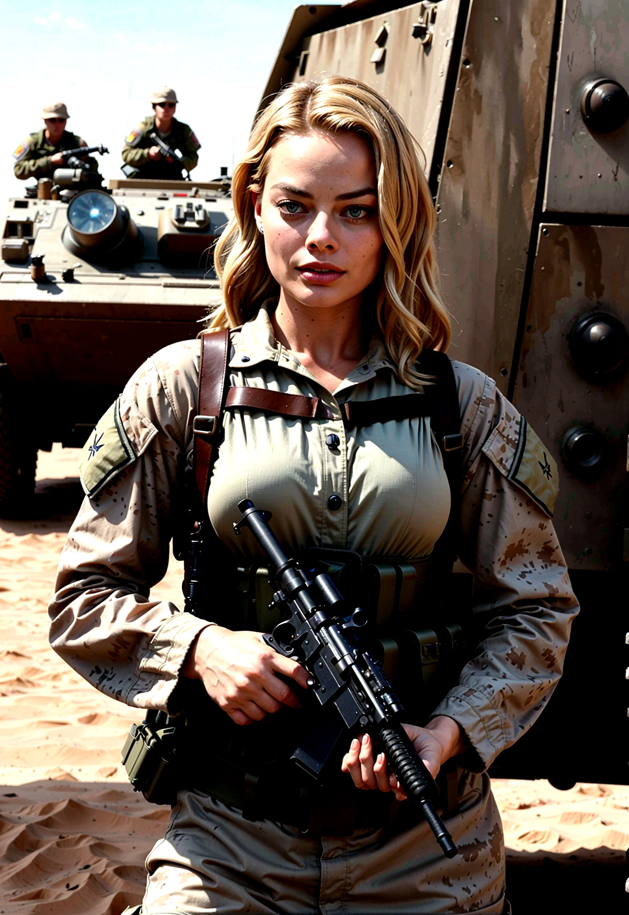 A detailed portrait of Margot Robbie as a confident female marine, wearing a military uniform, standing in front of an armored military vehicle, dramatic lighting, cinematic composition, highly detailed, photorealistic, unreal engine, 8k, HDR, hyper detailed, masterpiece