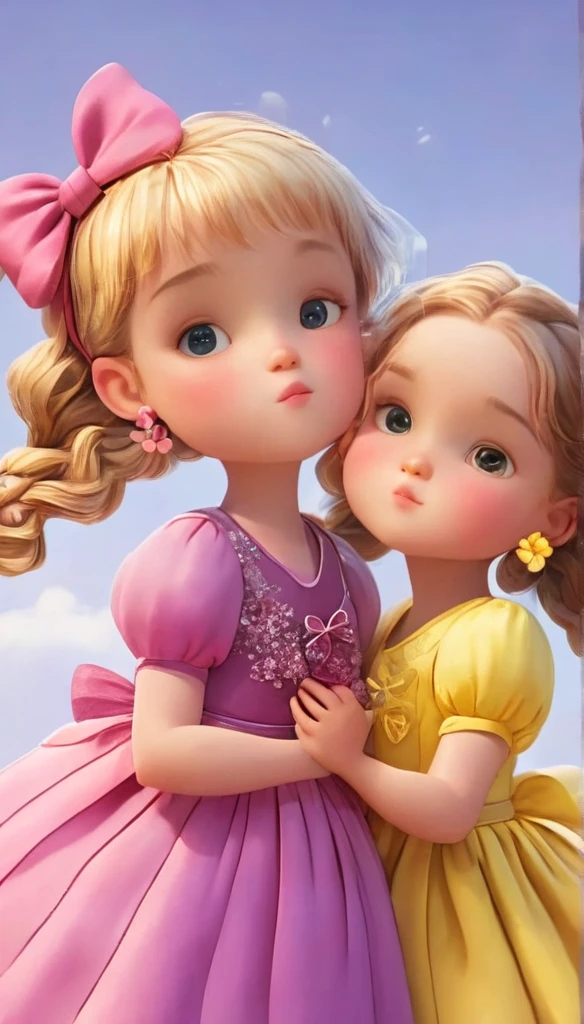 A touching cartoon image of two girls, Koral and Quin, hugging a large heart-shaped object their size. Koral, aged nine, has long brown hair, wears a beautiful purple and pink dress with a bow on her head. Quin, a three-year-old baby, has short blonde hair and wears a charming pink and yellow dress with a matching bow. The high-quality, high-resolution image is rendered in 8k cartoon style, with vibrant colors and charming details, capturing the essence of childhood innocence and friendship.