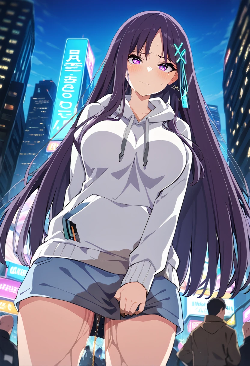 (masterpiece:1.37), best quality, (extremely detailed:1.37), (1girl:1.5), woman, (mature:1.5), (adult:1.5), large breasts, very long hair, (straight hair:1.5), (very dark purple hair:1.5), purple eyes, (extremely detailed eyes:1.37), hoodie, jeans, desperation, (wetting self:1.5), standing, embarrassed, humiliation, blushing, angry, city, futuristic, neon lighting, high-tech, street, skyscraper