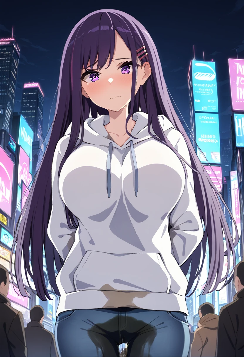 (masterpiece:1.37), best quality, (extremely detailed:1.37), (1girl:1.5), woman, (mature:1.5), (adult:1.5), large breasts, very long hair, (straight hair:1.5), (very dark purple hair:1.5), purple eyes, (extremely detailed eyes:1.37), hoodie, jeans, desperation, (wetting self:1.5), standing, embarrassed, humiliation, blushing, angry, city, futuristic, neon lighting, high-tech, street, skyscraper