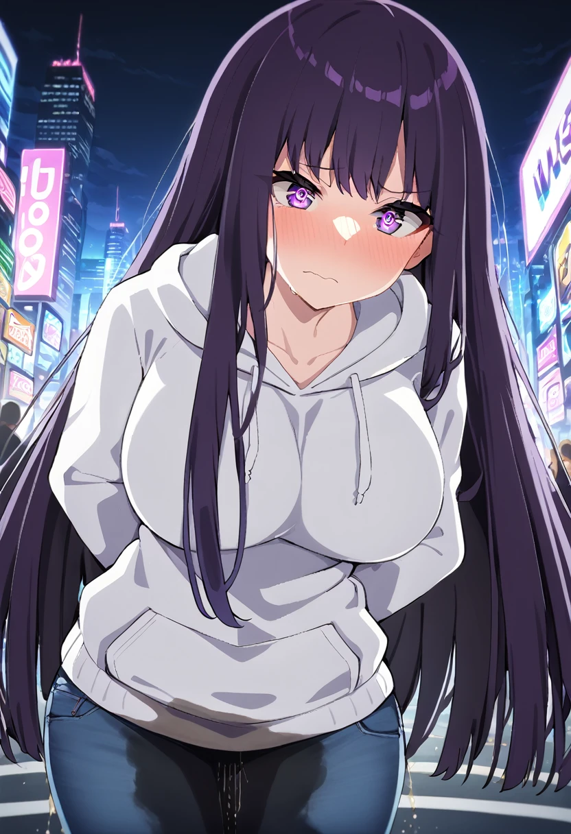 (masterpiece:1.37), best quality, (extremely detailed:1.37), (1girl:1.5), woman, (mature:1.5), (adult:1.5), large breasts, very long hair, (straight hair:1.5), (very dark purple hair:1.5), purple eyes, (extremely detailed eyes:1.37), hoodie, jeans, desperation, (wetting self:1.5), standing, embarrassed, humiliation, blushing, angry, city, futuristic, neon lighting, high-tech, street, skyscraper