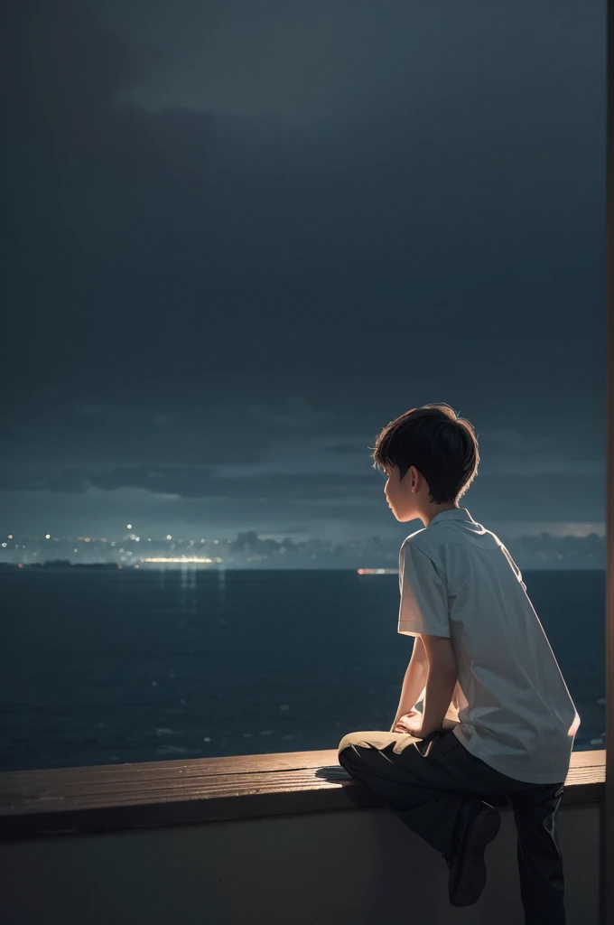 Illustration boy sitting with his back looking at the horizon. Sad sitting in the dark raining