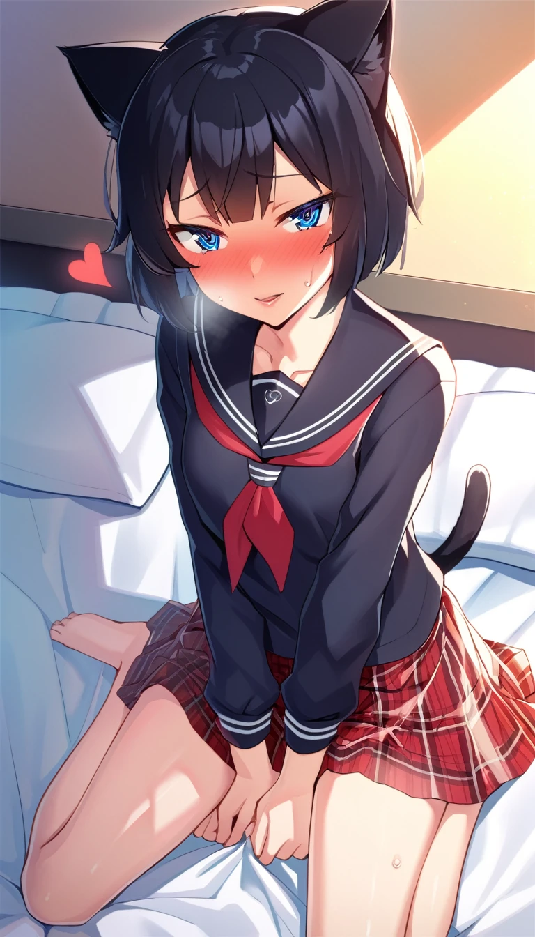 one girl, black sailor uniform, plaid skirt, long sleeve, naive, cat ears, thirteen years old, short hair, light blue eyes, black hair, aphrodisiac, heart mark, hypnosis, on bed, wariza, estrus, pure, sexy face, pure, sunburned skin, boyish, sporty girl