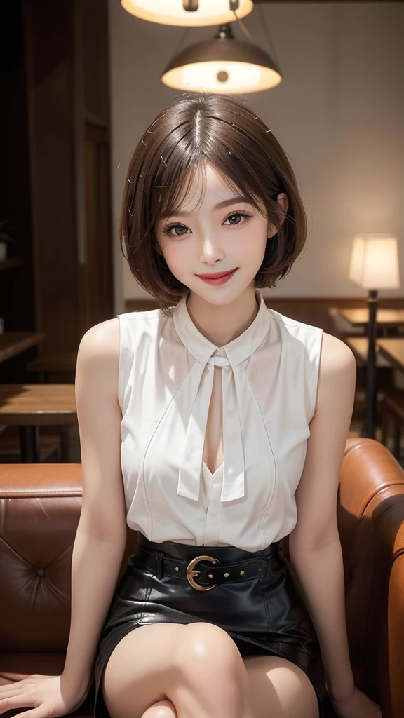 (precise face features), (Highly detailed face), (High density photo quality) , Japanese Beauty, expensive, Long legs, smile, Very short tight leather mini skirt with belt, sleeveless white blouse, Bright coffee shop interior with elaborate lighting,smile,short hair,Crossing your legs