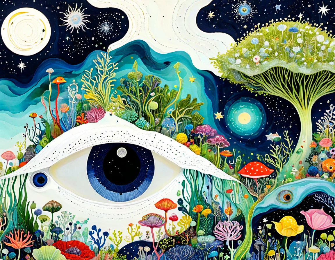 Bud Cottage,microorganism、plant、Marine life、Eye、Starry Sky,Stitching together an abstract painting,Describing the inner world of autistic people,Sense of space,White Space,interesting,Innocence,Psychedelic Art