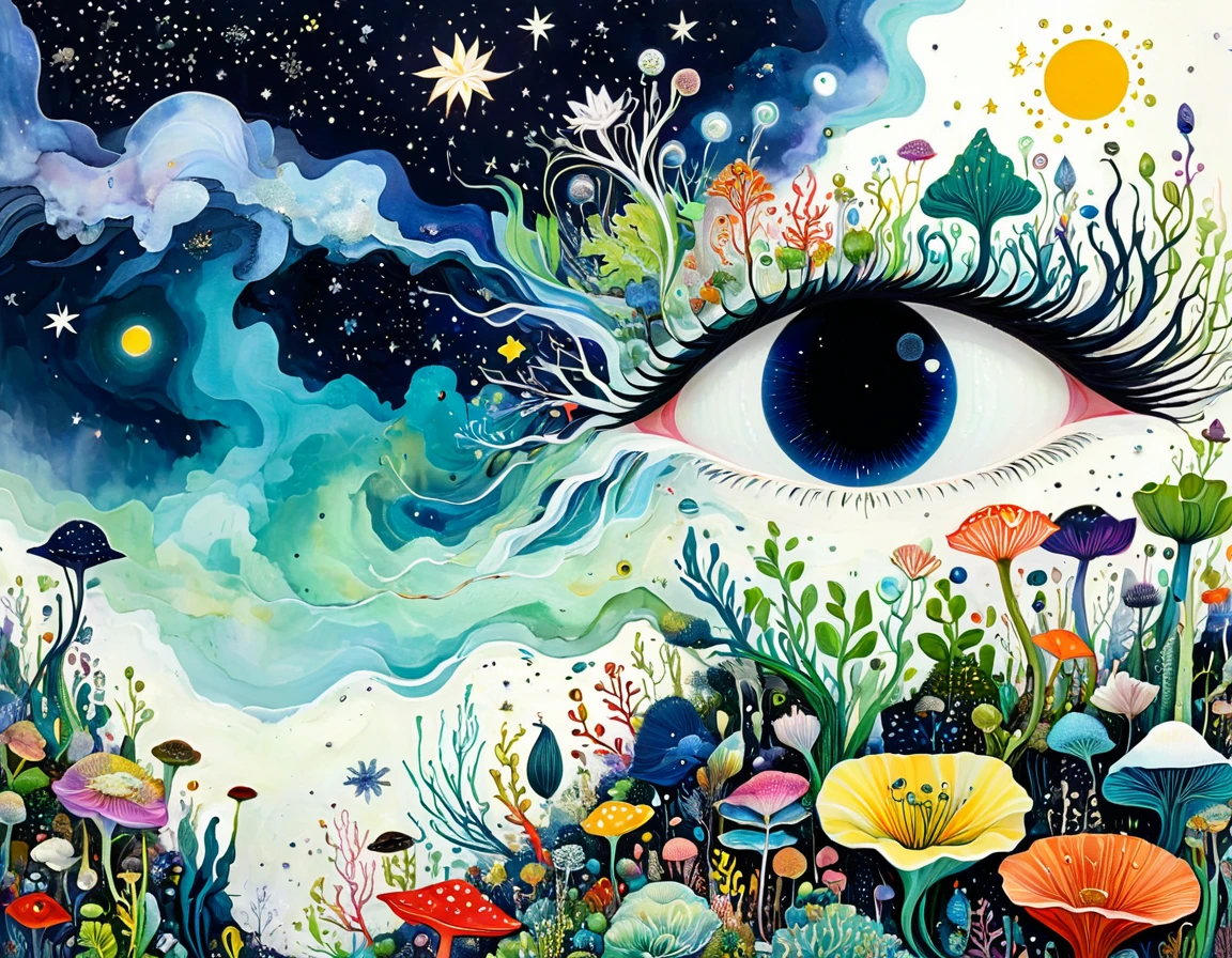Bud Cottage,microorganism、plant、Marine life、Eye、Starry Sky,Stitching together an abstract painting,Describing the inner world of autistic people,Sense of space,White Space,interesting,Innocence,Psychedelic Art