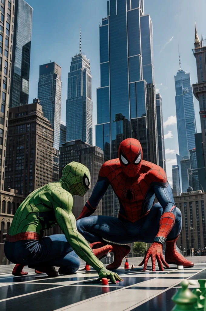 In this scene, Spider-Man and the Green Goblin face off in a game of chess on a giant board. The tension between the two characters is palpable as they plan their strategic moves in the middle of an urban environment with imposing skyscrapers.. Reflections on buildings and the texture of Spider-Man's suit add a dramatic touch to the scene.