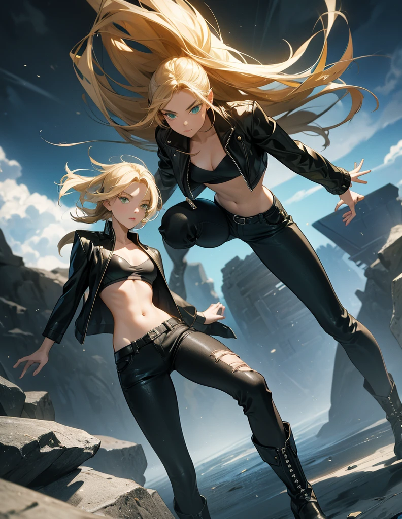 Sexy young girl with a good body, long hair blonde with green eyes, black leather jacket with white bra, ripped blue jeans, short brown boots with white, standing, spiky hair, bristly hair, standing, fighting pose, on guard, defense pose