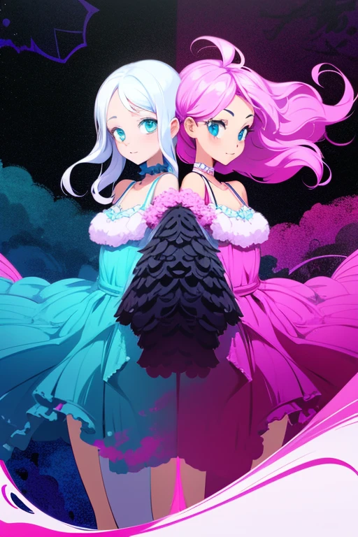 Believe me a book cover with two girls with their backs to each other, one has to have wavy magenta hair with emerald green eyes and the other has straight white hair with blue eyes, both have to be created in anime style.