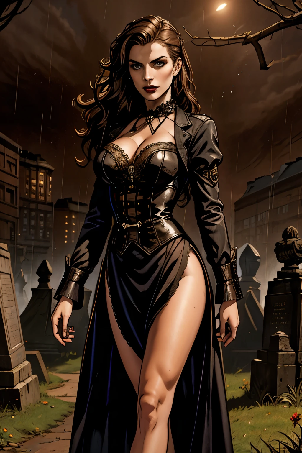 Cinematic, Vampire slayers, walks in an Gothic cemetery at night wearing a gothic steampunk fashion dress, fog and rainy condition, ghostly atmosphere, 1800s, (high skin detail: 1.2), ultra-detailed, photo-realistic, depth of field, cinematic lighting, IMAX camera, HDR, DTM, Full HD, 8k  , captured in ultra high resolution with photorealistic and beautiful lighting. This masterpiece is of the best quality and is set against a zentangle abstract background (weighted at 1.4).