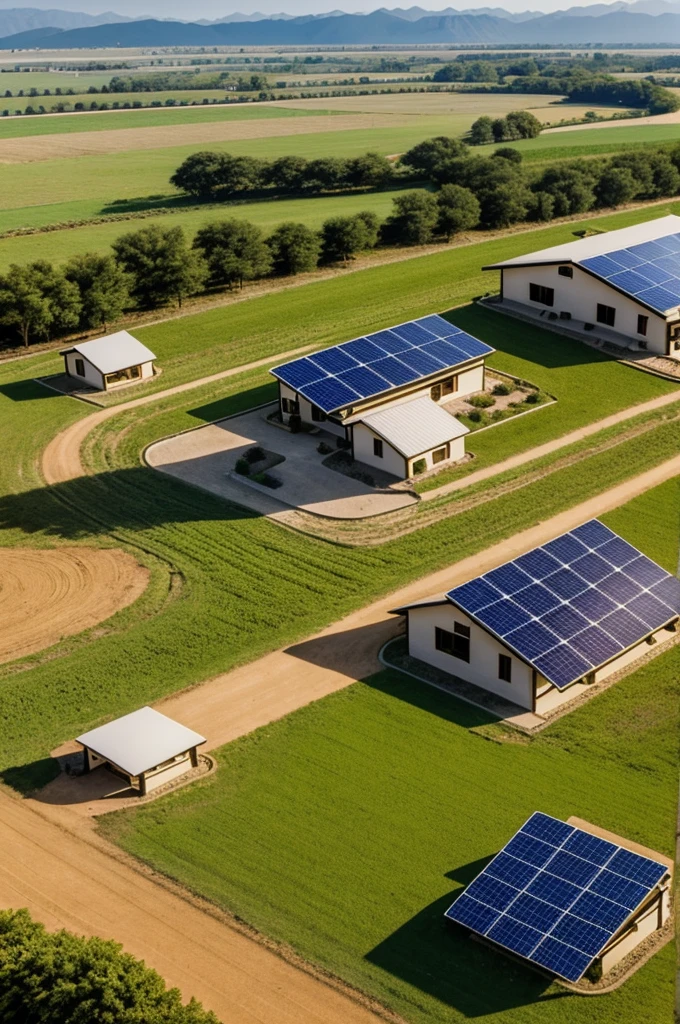 a place with rocky ground and farms with solar houses with people wearing sunglasses and clothing that protects them from the sun