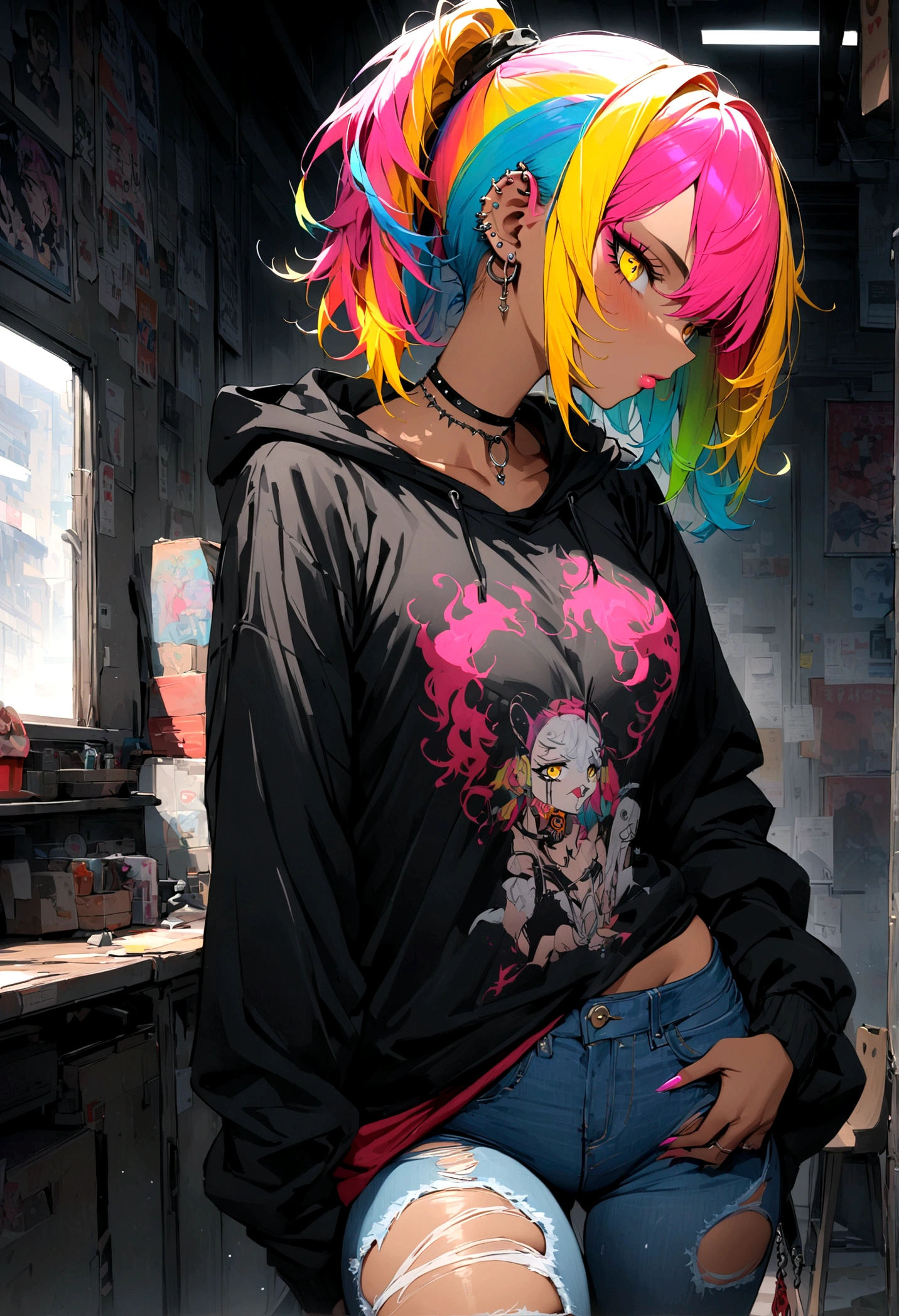 The most beautiful and sexy punk rock girl, rainbow colored hair, yellow eyes, dark skin, wearing a hoodie, graphic t-shirt and torn skinny jeans, tons of tattoos and piercings, perfect masterpiece, high quality, high resolution