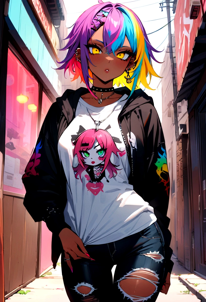 The most beautiful and sexy punk rock girl, rainbow colored hair, yellow eyes, dark skin, wearing a hoodie, graphic t-shirt and torn skinny jeans, tons of tattoos and piercings, perfect masterpiece, high quality, high resolution