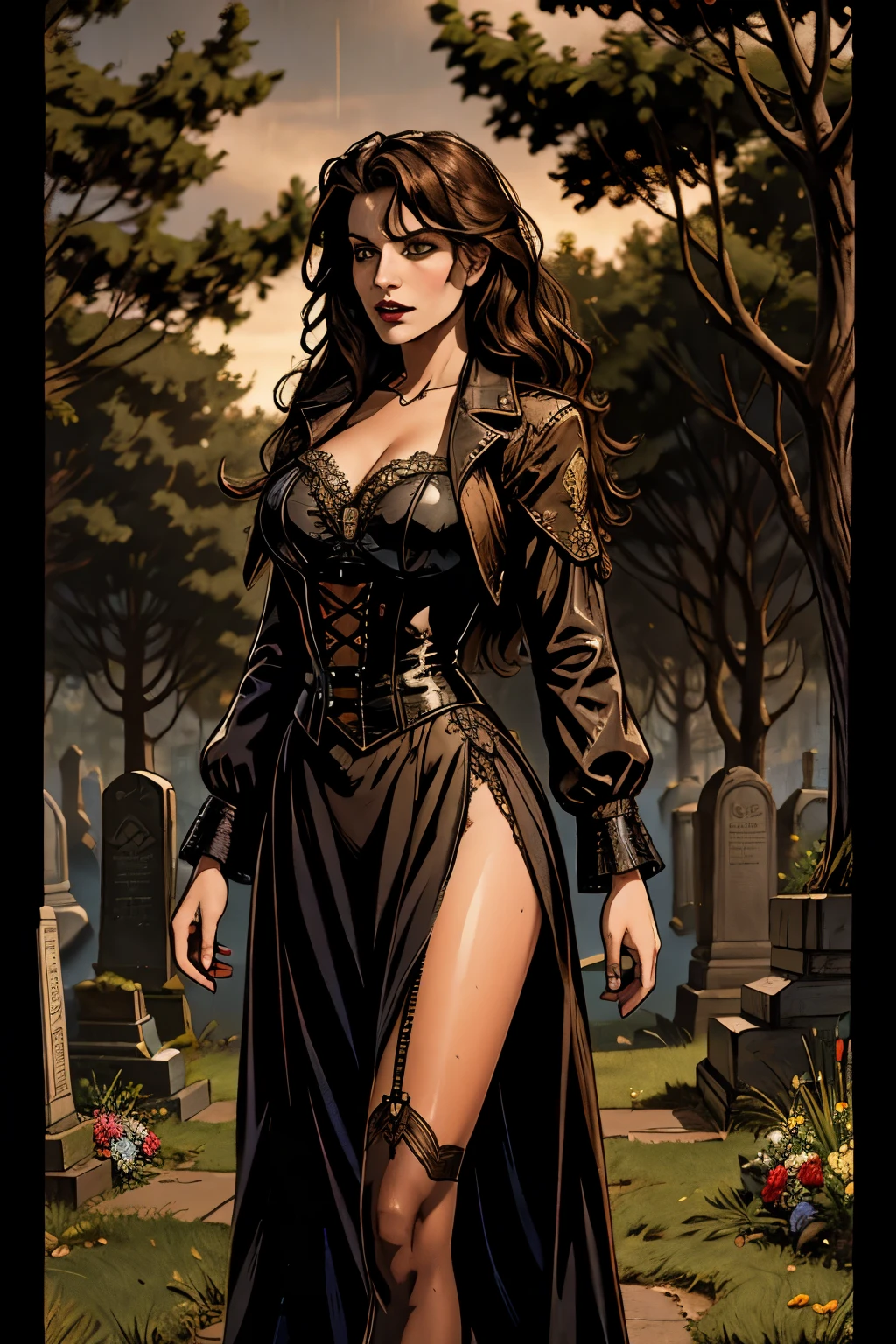 Cinematic, Vampire slayers, walks in an Gothic cemetery at night wearing a gothic steampunk fashion dress, fog and rainy condition, ghostly atmosphere, 1800s, (high skin detail: 1.2), ultra-detailed, photo-realistic, depth of field, cinematic lighting, IMAX camera, HDR, DTM, Full HD, 8k  , captured in ultra high resolution with photorealistic and beautiful lighting. This masterpiece is of the best quality and is set against a zentangle abstract background (weighted at 1.4).