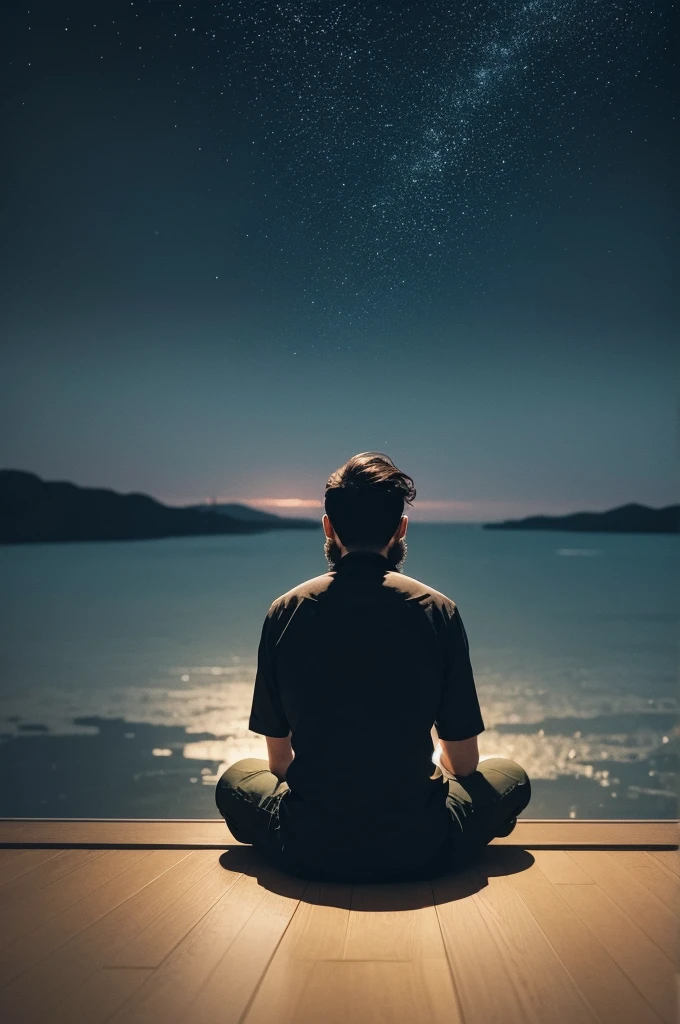 Illustration boy with beard sitting on the floor with his back looking at the horizon. Sad sitting in the dark raining
