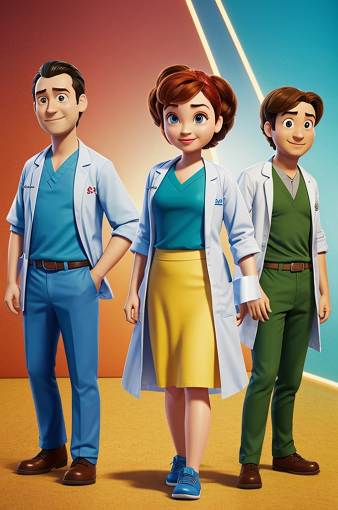 A pixar-style image of three friends in doctors' coats. A white skinned girl, short red hair, curly, Brown eyes; Other with dark or tanned skin, black eyes, long black layered hair cpn middle part and black glasses; the last white skinned girl, Brown eyes claro, short light brown hair and purple glasses