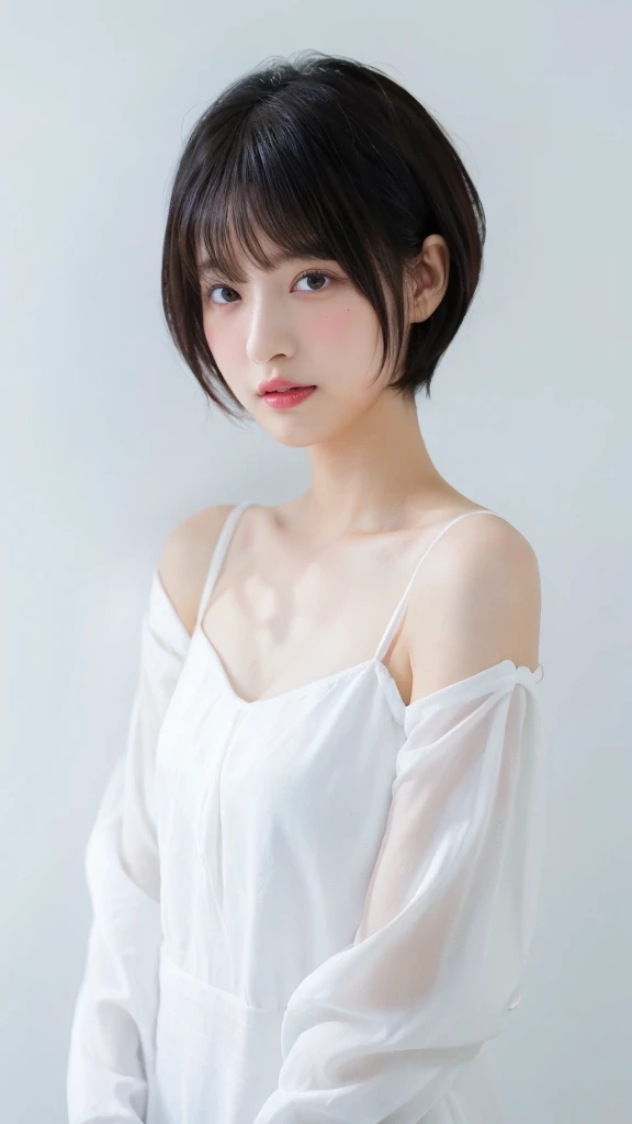 White long sleeve dress、(White wall in the background)、In front of the white door、((Highest quality、8K、masterpiece:1.3))、Ultra-high resolution、(photoGenuineistic:1.4)、RAW Photos、30-year-old woman、Japanese,(face)、Genuine、Photographed in natural light、Highly detailed face and skin texture、Highly detailed lips、The correct state of the human body、short hair、Shortcuts、Black Hair、short hair、Various poses、Natural color lip、Fluffy hair,Cleavage、White bra