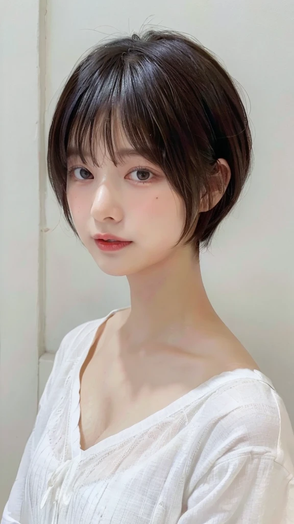 White long sleeve dress、(White wall in the background)、In front of the white door、((Highest quality、8K、masterpiece:1.3))、Ultra-high resolution、(photoGenuineistic:1.4)、RAW Photos、30-year-old woman、Japanese,(face)、Genuine、Photographed in natural light、Highly detailed face and skin texture、Highly detailed lips、The correct state of the human body、short hair、Shortcuts、Black Hair、short hair、Various poses、Natural color lip、Fluffy hair,Cleavage、White bra