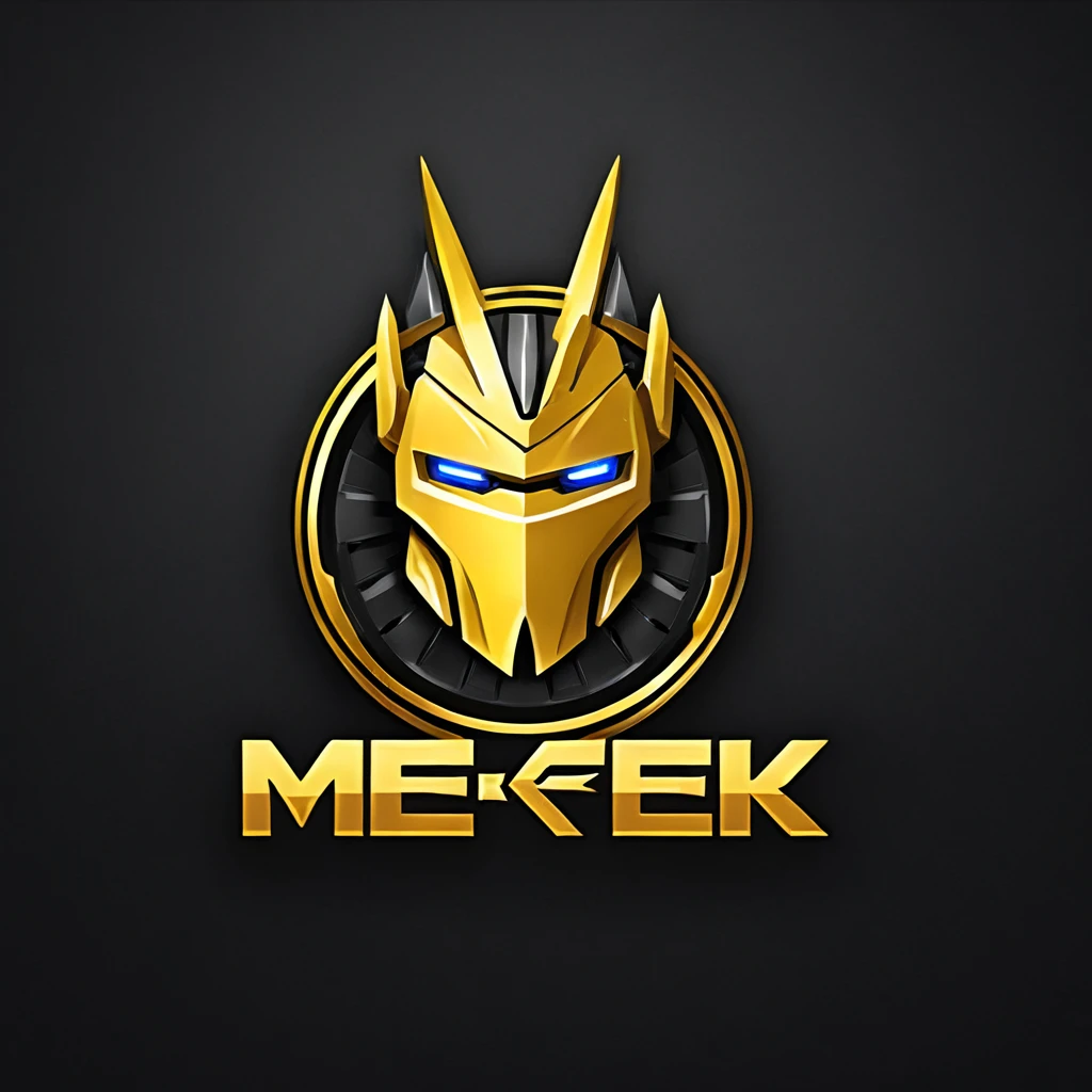 logomkrdsxl,an  edgy logo  3D with robô dourado e prata,  vector, text "MEK",  best quality, masterpiece, brand, dark background, 