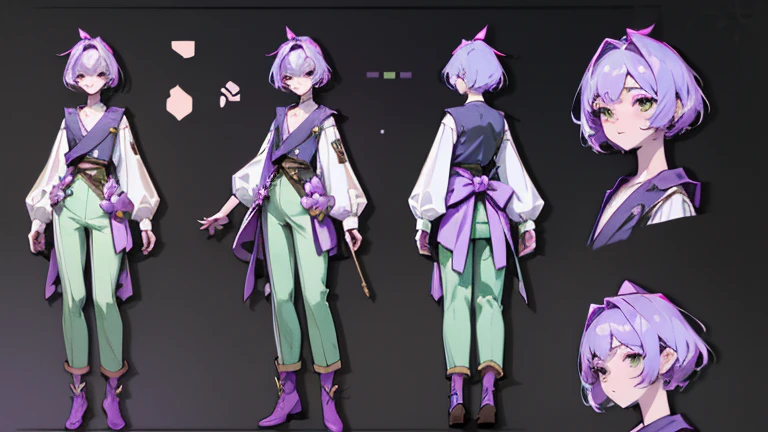 (Masterpiece, best quality), detailed, 1 woman, ((character concept art)), ((character design sheet, reference sheet, same character, front, side, back)), full body, body complete, 1 female, 1 women. Detailed face, character design sheet full body, Highly detailed, character sheet, character design, Many parts, pale skin, green eyes, short purple hair, male hairstyle, short male hair, lavender flower, lavender flower reference, lavender flower character reference, lavender flower inspired, male clothes, male clothing, flat chest, Solarpunk, Solarpunk reference, Solarpunk inspired outfit, simple outfit, sinple clothes, cottagecore aesthetic, cottagecore, casual outfit, dark green pants, lavender purple top, black boots, gold details, pastel purple, dark green outfit color palette.