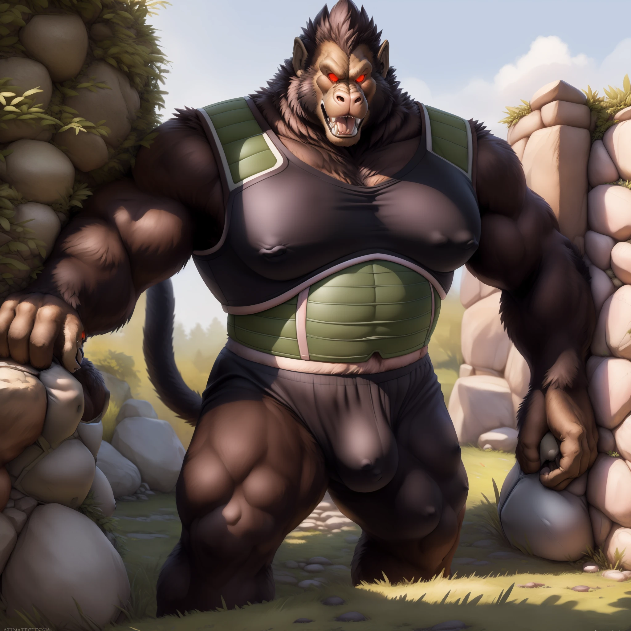 solo, breath (ultra detailed), a beautiful and detailed full size portrait of a female anthro gorilla, oozaru, brown fur, fur body, monkey tail, red eyes, close up view, glowing eyes, empty eyes, tail, bedroom eyes, detailed eyes, big body, sexy body, (wide body). goddess, kenket, Ross Tran,ruan jia, trending on artstation,foxovh, cenematic lighting, front view, big breaths, huge , big , big boos, big , day, tree, (((stone wall, grass, seductive, pose, standing))), curvy figure, (((pink saiyan armor, black undershirt, black underwear, nipple outline)), angry, open mouth, blush,