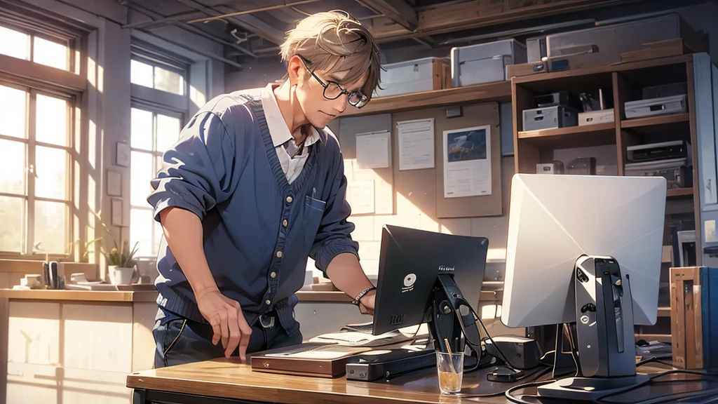 graphic design　27-inch monitor　Mac computer　
graphic designer　mouse　Stylish　A man in his 50s working on a computer　back　desk work　back of head　Faceless Desktop　
